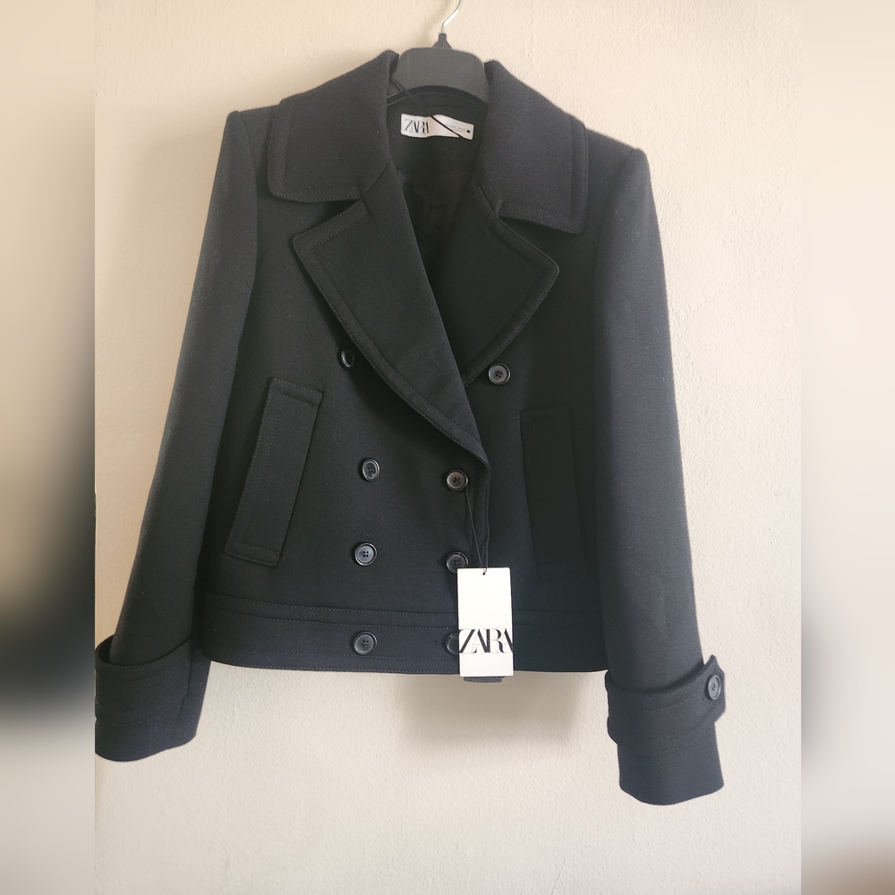 Zara double-breasted wool short coat/jacket black sz M BNWT - Picture 2 of 9
